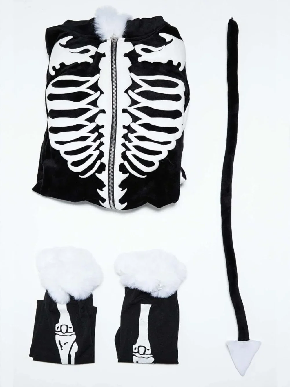 Gothic Hooded Bodysuit with Skull Pattern, Furry Tail & Socks - Halloween